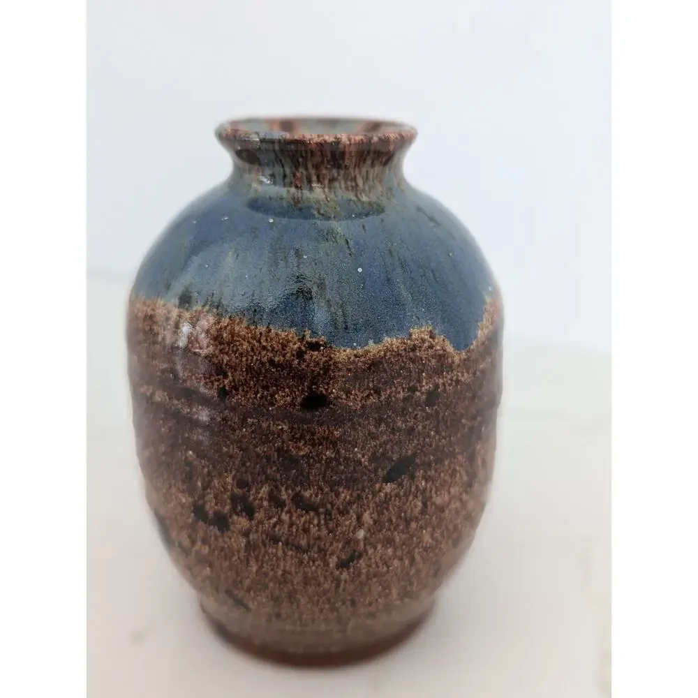 Signed Studio Pottery Jar-bottle-vase Handmade Hand-Painted Brown Blue 4.5×3